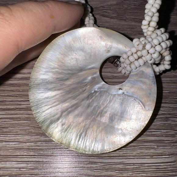 Mother of Pearl Shell Disc Pendant/ Long Bead And Wood Necklace J3 - Picture 3 of 4